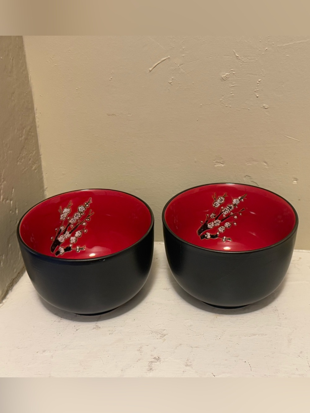 Black & Red Sakura Blossom Rice Bowls - Set of 2